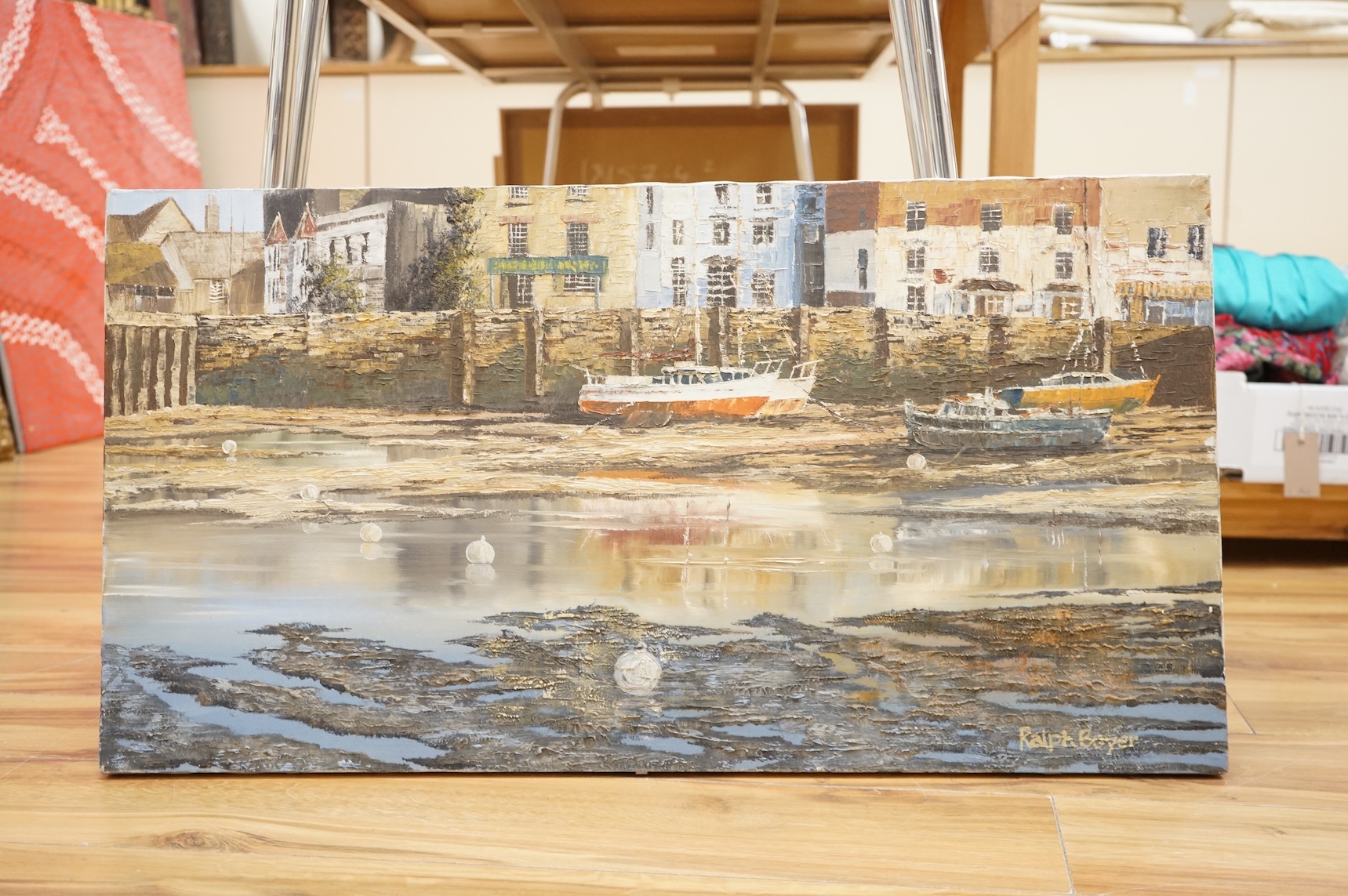 Ralph Boyer, Harbour view with beached fishing boats, signed, impasto oil on canvas, 40 x 76cm, unframed